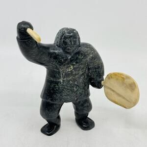 Inuit Hand Carved Serpentine Drummer Sculpture by Jimmy Etidloie